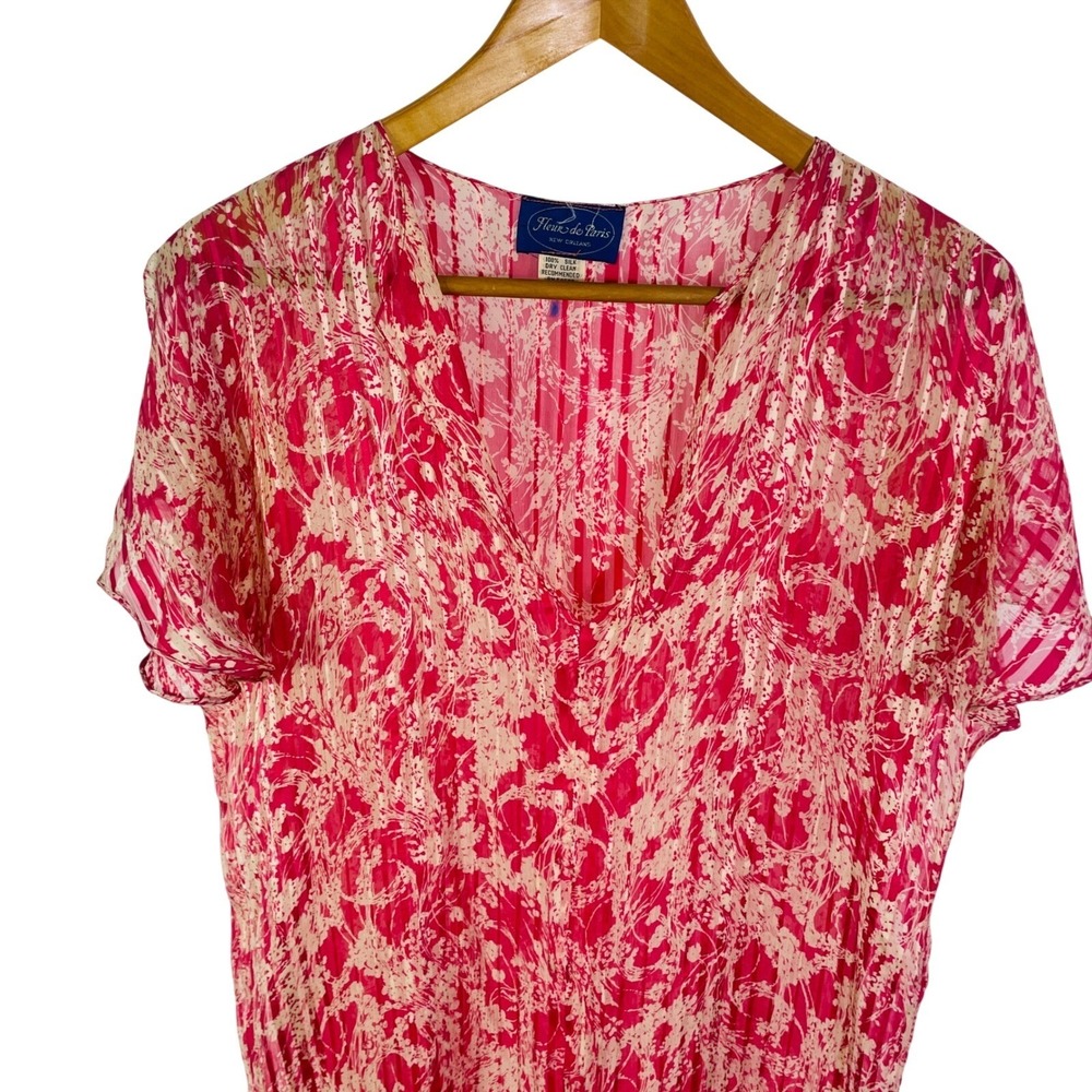 Fleur de Paris Silk Sheer Shift Dress M/L Pink Floral V-Neck Coquette - Picture 2 of 7